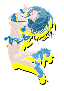 1girl ass bikini blue_bikini blue_eyes blue_hair breasts cleavage double_v feet high_heels highres large_breasts legs make_heroine_ga_oo_sugiru! medium_hair open_mouth smile solo swimsuit teeth thighs tiptoes tongue v yanami_anna