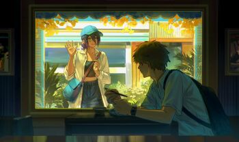 1boy 1girl backpack bag baseball_cap black_tube_top blonde_hair blue_hat blush cafe chainsaw_man chopsticks collarbone collared_shirt commentary cup denim denji_(chainsaw_man) double-parted_bangs hat high-waist_pants highres holding holding_chopsticks jeans kozzz_y looking_outside open_clothes open_shirt oversized_clothes oversized_shirt pants ponytail reze_(chainsaw_man) satchel shirt short_hair strapless symbol-only_commentary teacup tube_top watch waving white_shirt window wristwatch yellow_leaves