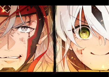 1boy 1girl armor black_hair blood blood_from_forehead blood_on_face eye_reflection faceplate fate/grand_order fate_(series) furrowed_brow green_eyes grey_eyes grey_hair highres multicolored_hair nagao_kagetora_(fate) reflection salmon_aburi1 smile split_screen streaked_hair takeda_shingen_(fate) takeda_shingen_(second_ascension)_(fate) uesugi_kenshin_(fate) white_hair