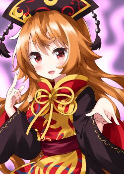 Rule 34 | 1girl, belt, black dress, black hat, black sleeves, blurry, blurry background, blush, bow, bowtie, breasts, brown belt, chinese clothes, commentary request, cowboy shot, crescent, dalachi (headdress), dress, hair between eyes, hands up, hat, highres, junko (touhou), long hair, long sleeves, looking at viewer, medium breasts, one-hour drawing challenge, open mouth, orange hair, pom pom (clothes), purple background, red eyes, red vest, ruu (tksymkw), smile, solo, tabard, touhou, vest, wide sleeves, yellow bow, yellow bowtie