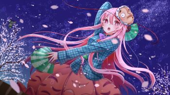 Rule 34 | 2girls, absurdres, aqua shirt, black hat, bow, bowtie, breasts, collared shirt, commentary request, falling petals, folding fan, green hair, green skirt, hand fan, hat, hata no kokoro, headset, highres, holding, holding fan, hyottoko mask, komeiji koishi, long hair, long sleeves, looking at viewer, mask, mask on head, multiple girls, music, musical note, open mouth, orange skirt, petals, pink eyes, pink hair, pink petals, plaid clothes, plaid shirt, purple bow, purple bowtie, shirt, singing, skirt, skirt cutout, snow to you, solo focus, touhou, very long hair, yellow shirt