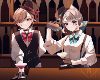 Rule 34 | 1boy, 1girl, absurdres, animal ears, aqua bow, aqua bowtie, aqua ribbon, bartender, black gloves, black vest, blonde hair, bottle, bow, bowtie, breasts, brown hair, brown hat, cat ears, closed mouth, commentary request, cup, drinking glass, facial mark, genshin impact, glass, gloves, hat, highres, holding, holding bottle, long sleeves, looking at viewer, lynette (genshin impact), lyney (genshin impact), medium breasts, nekorin chu, pink bow, pink bowtie, purple eyes, red ribbon, ribbon, shirt, short hair, smile, teardrop facial mark, top hat, vest, white shirt, wine glass