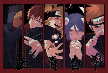 1girl 4boys akatsuki_uniform amegakure_symbol black_coat black_gloves black_hair black_nails blonde_hair blue_eyes coat deidara_(naruto) flower forehead_protector gloves green_nails hair_between_eyes hair_flower hair_ornament hand_mouth highres interlocked_fingers iwagakure_symbol jewelry konan_(naruto) long_hair long_sleeves looking_at_viewer mask multiple_boys naruto_(series) naruto_shippuuden orange_eyes orange_hair orange_nails own_hands_clasped own_hands_together pain_(naruto) ponytail puppet_strings red_eyes red_hair ring rinnegan sasori_(naruto) short_hair tobi_(naruto) tongue tongue_out uchiha_obito unno_24 upper_body