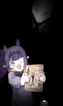 +_+ 1girl 1other :d aged_down black_background blue_eyes commentary creepypasta drawing_(object) english_commentary eyepatch fang grey_shirt holding holding_drawing hololive hololive_english horror_(theme) medical_eyepatch ninomae_ina'nis ninomae_ina'nis_(school_uniform) open_mouth pointy_ears purple_hair rametkup shirt side_ponytail slender_man smile takodachi_(ninomae_ina'nis) virtual_youtuber