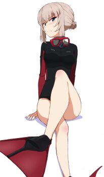 Rule 34 | 1girl, blue eyes, blush, bodysuit, closed mouth, commentary request, diving suit, fins, girls und panzer, hair bun, highres, itsumi erika, kayabakoro, looking at viewer, simple background, solo, swimsuit, wetsuit, white background, white hair