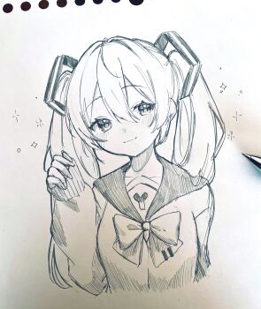 1girl absurdres art_tools_in_frame blush bow bowtie closed_mouth cropped_torso double-parted_bangs gomadan hair_between_eyes hand_up hashtag-only_commentary hatsune_miku highres long_hair long_sleeves looking_at_viewer monochrome pen_(medium) sailor_collar school_uniform serafuku shirt simple_background sketch smile solo sparkle traditional_media twintails vocaloid white_background