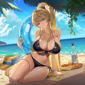 1girl absurdres alcohol arm_support bare_shoulders barefoot bikini black_bikini blonde_hair blue_eyes bottle bracelet breasts brown_scrunchie character_request cleavage cloud copyright_request cup drinking_glass food front-tie_bikini_top front-tie_top halterneck hat head_tilt high_ponytail highres huge_breasts innertube jewelry long_hair looking_at_viewer mole mole_on_breast navel ocean outdoors parted_lips plate ponytail sand santafe99 scrunchie shore sitting sun_hat swim_ring swimsuit thigh_strap underboob very_long_hair water waves wooden_tray yokozuwari