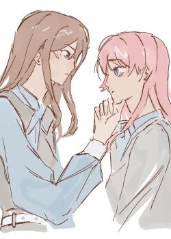 Rule 34 | 2girls, bang dream!, bang dream! it's mygo!!!!!, blue eyes, blue shirt, brown hair, chihaya anon, commentary request, eye contact, grey eyes, grey shirt, hand on another's chin, highres, long hair, looking at another, manphao o, multiple girls, nagasaki soyo, pink hair, shirt, simple background, thai commentary, white background, yuri