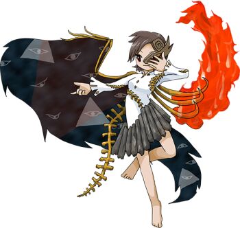 asymmetrical_wings barefoot bone brown_hair fossilized_wonders grey_skirt half_mask hand_over_face hand_up iwanaga_ariya mask official_art red_eyes skeletal_wings skirt touhou transparent_background wings zun_(artist)
