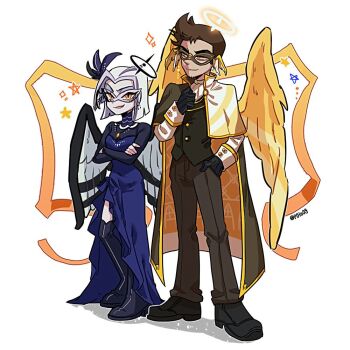 1boy 1girl :d adam_(hazbin_hotel) alternate_costume black_boots black_cape black_gloves black_halo black_pants black_shirt black_shoes black_vest black_wings blue_dress bob_cut boots breasts brown_hair brown_mask cape closed_mouth commentary_request crossed_arms dress eye_mask eyeshadow facial_hair feathered_wings feathers frilled_dress frills full_body gloves glowing glowing_halo gold_buttons gold_trim grey_eyeshadow halo hand_in_pocket hand_on_own_chest hazbin_hotel hellaverse korean_commentary legs_apart long_dress long_sleeves looking_at_viewer looking_to_the_side lute_(hazbin_hotel) makeup mask masquerade_mask michelin_(p0lo09) open_mouth oversized_wings pale_skin pants shadow shirt shoes short_hair side_slit simple_background sleeve_cuffs slit_pupils small_breasts smile sparkle standing star_(symbol) strapless strapless_dress thick_eyebrows thigh_boots two-sided_cape two-sided_fabric two-tone_wings very_short_hair vest white_background white_hair white_halo white_mask white_shirt white_wings wings yellow_cape yellow_eyes yellow_wings