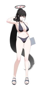 1girl absurdres alternate_costume alternate_hairstyle bare_arms bare_legs bare_shoulders bikini black_bikini black_choker black_hair black_sandals blue_archive breasts choker cleavage_cutout clothing_cutout halo hand_in_another&#039;s_hair highres holding holding_tablet_pc large_breasts navel parted_lips ponytail red_hair red_halo reia_76 rio_(blue_archive) sandals solo stomach swimsuit tablet_pc toes