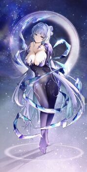 1girl backless_bodysuit black_hole bodysuit breasts colored_eyelashes covered_navel full_body goddess_of_victory:_nikke highres mole mole_on_breast nayuta_(nikke) nayuta_(wu_wei)_(nikke) official_alternate_costume pinjirooo sky solo space_skin star_(sky) starry_sky thick_eyelashes unusually_open_eyes white_eyelashes white_hair