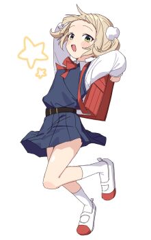 1girl backpack bag black_dress blush brown_hair dress full_body green_eyes kyamimasita looking_at_viewer randoseru shigure_ui_(vtuber) shirt simple_background socks solo virtual_youtuber white_background white_shirt white_socks