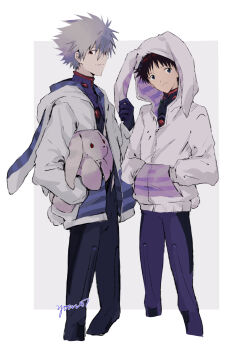 Rule 34 | 2boys, animal ear hood, blue eyes, border, closed mouth, commentary request, cropped legs, fake animal ears, grey hair, hands in pockets, height difference, highres, hood, hood up, hoodie, ikari shinji, male focus, mecha pilot suit, multiple boys, nagisa kaworu, neon genesis evangelion, outside border, plugsuit (evangelion), red eyes, signature, stuffed animal, stuffed rabbit, stuffed toy, white border, white hoodie, yorumi1117