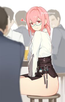 1girl ark_john_up black_skirt breasts closed_mouth commentary earrings english_commentary glasses heart high-waist_skirt highres jewelry large_breasts long_hair looking_at_viewer pencil_skirt people pink_eyes pink_hair shirt sitting skirt smile solo_focus thighs tsukishiro_yanagi white_background white_shirt zenless_zone_zero