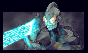 1boy alien blue_light colored_skin commentary_request compound_eyes energy energy_beam inaki_shinrou multicolored_skin particle_beam particles shin_ultraman silver_skin solo spacium_beam tsuburaya_productions two-tone_skin ultra_beam ultra_series ultraman yellow_eyes