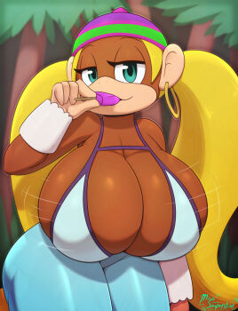 1girl absurdres animal animal_ears aqua_eyes blonde_hair blue_eyes bouncing bouncing_breasts bra breast_press breasts brown_fur cleavage diddy_kong_racing_ds donkey_kong_(series) earrings eating female_focus food furry furry_female hat highres huge_breasts jewelry jiggle long_hair looking_at_viewer miso_souperstar monkey monkey_ears monkey_girl motion_lines naughty_face nintendo outdoors palm_tree popsicle revealing_clothes seductive_smile smile solo standing thick_thighs thighs tiny_kong tree tree_stump twintails two-tone_hat underwear very_long_hair video_game wide_hips