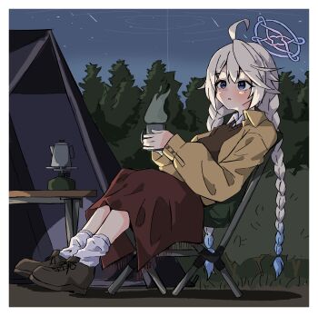 1girl absurdres ahoge alternate_costume asakurac4t blue_archive blue_eyes blue_hair blush border braid breasts brown_skirt brown_sweater camping camping_chair chair collared_shirt commentary_request cup drinking_glass folding_chair gradient_hair grey_hair hair_between_eyes halo highres holding holding_cup kirino_(blue_archive) long_hair long_sleeves mug multicolored_hair night open_clothes open_shirt outdoors parted_lips shirt shooting_star sitting skirt sky socks solo steam sweater table tent twin_braids very_long_hair white_border white_shirt white_socks yellow_shirt