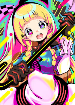 1girl absurdres alyce_(dohna_dohna) black_gloves black_hairband black_ribbon blonde_hair blue_capelet blue_eyes blue_outline blunt_bangs braid bright_pupils capelet checkered_ribbon cowboy_shot dohna_dohna_issho_ni_warui_koto_o_shiyou dress forehead frilled_gloves frills gloves green_background hair_over_shoulder hair_ribbon hairband heterochromia highres holding holding_umbrella long_hair looking_at_viewer open_mouth outline pink_eyes ribbon simple_background smile solo sukonbu385 tareme teeth twin_braids umbrella upper_teeth_only white_dress white_pupils