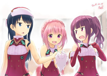 3girls aikawa_aika alice_gear_aegis blue_hair breasts dark_blue_hair errant ichijou_ayaka koashi_mutsumi multiple_girls open_mouth purple_eyes purple_hair santa_costume small_breasts twintails
