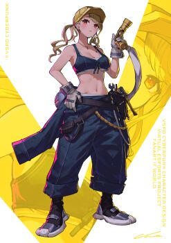 1girl absurdres alternate_costume armpits baggy_pants belt_pouch black_footwear blonde_hair breasts cleavage collarbone commentary_request cyberpunk ear_piercing earrings english_text full_body gloves gyaru hard_hat helmet highres hose jewelry jumpsuit kaminari_qpi mechanic medium_breasts midriff navel necklace nemoto_yuuma open_jumpsuit orange_eyes pants piercing pouch screwdriver standing tank_top tools twintails two-tone_background virtual_youtuber vspo! waist_bag white_background white_gloves wrench zoom_layer
