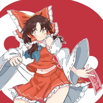 1girl ascot between_fingers blue_ascot blush bow brown_eyes brown_hair closed_mouth commentary_request detached_sleeves frilled_bow frilled_hair_tubes frilled_skirt frills hair_bow hair_tubes hakurei_reimu highres holding long_hair looking_at_viewer midriff_peek navel needle ofuda ofuda_between_fingers red_bow red_skirt ribbon-trimmed_sleeves ribbon_trim skirt skirt_set solo tatutaniyuuto throwing_needles touhou yin_yang