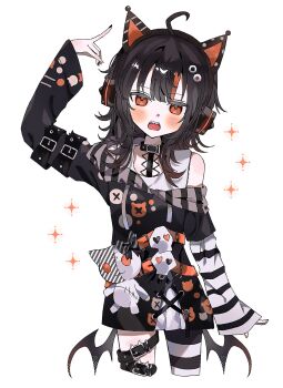 Rule 34 | 1girl, ahoge, animal ear headphones, animal ears, arm up, asymmetrical legwear, bat wings, belt, black belt, black collar, black hair, black sweater, blunt bangs, cat ear headphones, cat ears, collar, commentary request, cowboy shot, cropped legs, fake animal ears, headphones, heart, highres, long hair, long sleeves, looking at viewer, mahou shoujo no majo saiban, mikomi (90m5x), multicolored hair, open mouth, orange eyes, pantyhose, sawatari coco, sharp teeth, single leg pantyhose, skull, solo, sparkle, standing, streaked hair, striped clothes, striped pantyhose, stuffed animal, stuffed cat, stuffed toy, sweater, teeth, white background, wings