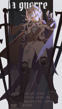 1girl absurdres black_background black_boots black_cape black_jacket boots cape french_text full_body grey_eyes grey_hair grey_pants gun hair_ornament heterochromia highres holding holding_gun holding_weapon jacket knee_boots knee_pads legs_apart long_hair looking_at_viewer outside_border outstretched_arm outstretched_hand over_shoulder pants parted_lips petrification pillarboxed red_eyes reverse:1999 rifle sentinel_(reverse:1999) solo standing sword takiminada weapon weapon_over_shoulder