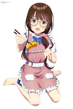 Rule 34 | 1girl, :d, absurdres, anifar inc., anime coloring, apron, barefoot, blue bow, blue bowtie, blue skirt, bow, bowtie, brown eyes, chitose-kun wa ramune bin no naka, chopsticks, collared shirt, copyright name, copyright notice, food, frilled apron, frills, glasses, green eyes, hair ornament, hair over shoulder, hair scrunchie, highres, holding, holding chopsticks, incoming food, long hair, looking at viewer, magazine scan, megami magazine, official art, omelet, open mouth, pink apron, pink scrunchie, ponytail, scan, school uniform, scrunchie, shirt, sidelocks, simple background, sitting, skirt, smile, solo, tamagoyaki, uchida yua, wariza, white background, white shirt