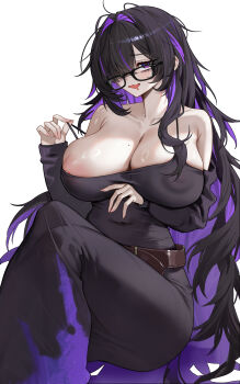 1girl absurdres bare_shoulders belt black_dress black_hair blush breasts cleavage colored_inner_hair commentary covered_erect_nipples dress english_commentary glasses goddess_of_victory:_nikke hair_intakes hair_over_one_eye highres huge_breasts label_(nikke) long_hair long_sleeves looking_at_viewer multicolored_hair nipple_slip nipples off_shoulder open_mouth purple_eyes purple_hair simple_background smile solo two-tone_hair very_long_hair white_background zhudouzi