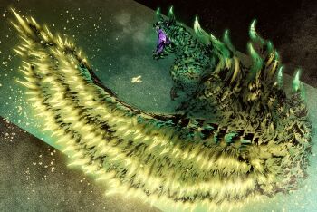 absurdres acidic_glavenus calligraphy_brush_(medium) claws commentary_request deadpool_yuchan dinosaur glavenus glowing glowing_eyes green_scales highres horns monster monster_focus monster_hunter:_world monster_hunter_(series) monster_hunter_world:_iceborne no_humans red_eyes sharp_teeth signature solo spikes tail tail_blade teeth