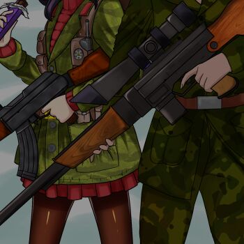 ak-47 assault_rifle backpack bag boris_(c&amp;c) candy chocolate chocolate_bar command_&amp;_conquer command_&amp;_conquer:_red_alert command_&amp;_conquer:_red_alert_2 crabridge food genderswap genderswap_(mtf) gun highres holding jacket kalashnikov_rifle military out_of_frame pantyhose pleated_skirt purple_hair radio rifle scope skirt uniform weapon