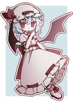 Rule 34 | 1girl, ascot, back bow, bat wings, blue hair, boots, bow, brooch, closed mouth, commentary request, deformed, hat, hat ribbon, highres, illust atelier3, jewelry, looking at viewer, medium hair, mob cap, one-hour drawing challenge, outline, puffy short sleeves, puffy sleeves, red ascot, red bow, red eyes, remilia scarlet, ribbon, ribbon-trimmed skirt, ribbon trim, shirt, short sleeves, signature, skirt, skirt set, smile, solo, touhou, white boots, white hat, white outline, white shirt, white skirt, wings