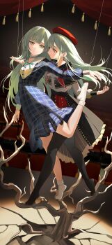 2girls absurdres bang_dream! bang_dream!_it&#039;s_mygo!!!!! beret chuck_(harfmoondark) crack cracked_floor dress dual_persona earrings eye_contact grey_hair hat highres holding_another&#039;s_hair indoors jewelry long_hair looking_at_another mortis_(bang_dream!) multiple_girls no_shoes puppet_strings smile socks stage thighhighs tree wakaba_mutsumi yellow_eyes