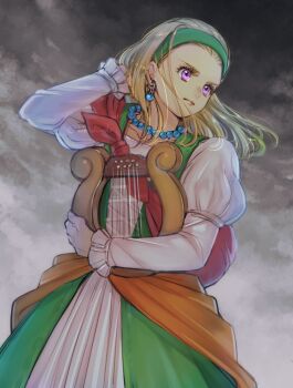 1girl blonde_hair cloud commentary_request dark_cloud dragon_quest dragon_quest_xi dress earrings green_dress green_hairband hairband highres holding_harp jewelry juliet_sleeves kimidori_(kimidoriri) long_hair long_sleeves looking_to_the_side necklace puffy_sleeves purple_eyes senya_(dq11) solo two-tone_dress white_dress