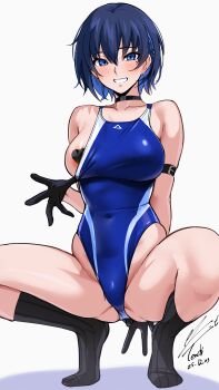 1girl absurdres armband black_gloves black_socks blue_eyes blue_hair blue_one-piece_swimsuit borrowed_character breasts colored_inner_hair competition_swimsuit dated gloves grin heart-shaped_panties highleg highleg_one-piece_swimsuit highres large_breasts multicolored_hair one-piece_swimsuit original pasties short_hair signature simple_background smile socks solo squatting swimsuit two-tone_swimsuit umise_aoba_(ulrich) white_background yoo_tenchi