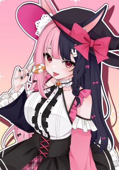 1girl a_aru absurdres animal_ears black_hair black_nails black_skirt bow braid breasts candy center_frills commentary cowboy_shot english_commentary fang fingernails food frilled_sleeves frills hair_ornament hat hat_bow highres holding holding_candy holding_food holding_lollipop indie_virtual_youtuber large_breasts lollipop long_hair long_sleeves looking_at_viewer marshie_(vtuber) multicolored_hair nail_polish open_mouth pink_background pink_bow pink_hair rabbit_ears rabbit_girl red_eyes second-party_source shirt simple_background single_braid skin_fang skirt smile solo split-color_hair swirl_lollipop tongue tongue_out two-tone_hair virtual_youtuber white_shirt