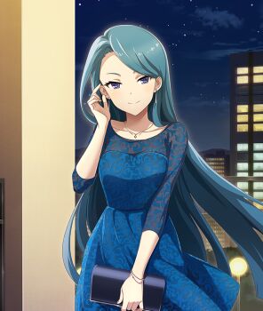 1girl aqua_hair bag black_bag blue_dress blue_sky bracelet breasts building city_lights closed_mouth cloud collarbone cowboy_shot dot_nose dress earrings formal_clothes game_cg hand_up handbag holding holding_bag indoors jewelry long_hair looking_at_viewer medium_breasts night official_art purple_eyes see-through_cleavage see-through_clothes see-through_dress_layer sky smile solo star_(sky) starry_sky third-party_source toji_no_miko toji_no_miko:_kizamishi_issen_no_tomoshibi tsurime watanuki_kazumi