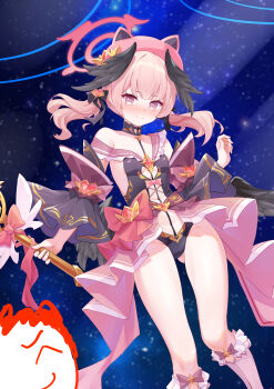 1boy 1girl absurdres alternate_costume animal_ear_headwear black_leotard black_ribbon black_wings blue_archive blush breasts closed_mouth commentary_request detached_sleeves doodle_sensei_(blue_archive) embarrassed fake_animal_ears feathered_wings hair_ribbon halo hat head_wings highres kneehighs koharu_(blue_archive) leotard looking_at_viewer low_wings magical_girl navel pink_eyes pink_hair pink_hat pink_skirt pink_socks red_halo ribbon sensei_(blue_archive) single_bare_shoulder skirt sky small_breasts socks space star_(sky) starry_sky twintails wings zalenhpe
