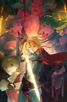 1girl 1other 4boys absurdres ahoge alexandre_dumas_(fate) androgynous armor ascot black_hood blonde_hair blue_eyes braid buzz_cut cape colored_teeth commentary_request earrings enkidu_(fate) excalibur_(fate/strange_fake) eye_contact fate/strange_fake fate_(series) flat_escardos full_armor gauntlets gilgamesh_(fate) glowing glowing_sword glowing_weapon green_hair grey_mask highres holding holding_pen holding_sword holding_weapon hood hood_up jack_the_ripper_(fate/strange_fake) jewelry korean_commentary looking_at_another looking_at_viewer mask mouth_mask multicolored_hair multiple_boys nib_pen_(object) no_name_assassin_(fate) one_eye_closed pen potato_goril red_cape red_eyes red_hair richard_i_(fate) short_hair simple_bird single_braid streaked_hair sword very_short_hair watch weapon white_ascot wristwatch