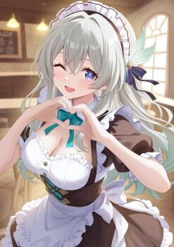 1girl absurdres alternate_costume apron aqua_bow aqua_bowtie aqua_pupils black_bow black_dress blue_eyes bow bowtie breasts cleavage commentary dress enmaided firefly_(honkai:_star_rail) grey_hair hair_between_eyes hair_bow hands_up heart heart_hands highres honkai:_star_rail honkai_(series) indoors komugirakko large_breasts long_hair looking_at_viewer maid maid_headdress one_eye_closed open_mouth paid_reward_available smile solo