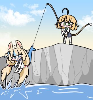 2girls ahoge animal_ears blonde_hair blue_bow blue_eyes blue_overalls blue_streak bow cat_ears dooby dooby_(1st_costume) dress fins fish_girl fish_tail fishing fishing_rod green_eyes indie_virtual_youtuber lifebuoy_hair_ornament long_hair mouse_girl mouse_tail multicolored_hair multiple_girls overalls sameko_saba sameko_saba_(1st_costume) shirt streaked_hair tail tensutensu twintails very_long_hair virtual_youtuber white_shirt