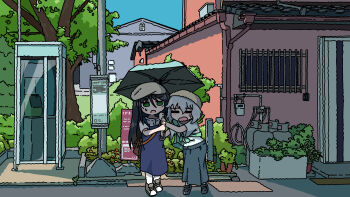 Rule 34 | 2girls, absurdres, black hair, blue dress, bus stop, closed eyes, commentary request, day, dress, emesan desu, green eyes, grey hair, grey skirt, highres, holding, holding umbrella, house, multiple girls, open mouth, original, outdoors, phone booth, plant, potted plant, scenery, shared umbrella, shirt, skirt, standing, sweat, tree, umbrella, white shirt, wide shot
