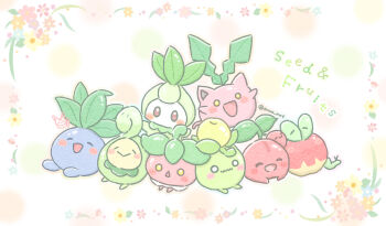 :> :3 :d apple applin arms_up blush blush_stickers bounsweet budew cherubi closed_eyes closed_mouth commentary_request english_text flower food fruit gen_1_pokemon gen_2_pokemon gen_4_pokemon gen_5_pokemon gen_7_pokemon gen_8_pokemon highres hoppip mo-chi-an multiple_heads nintendo no_humans no_mouth oddish open_mouth petilil pokemon pokemon_(creature) pokemon_focus red_eyes sitting smile smoliv uwu yellow_eyes
