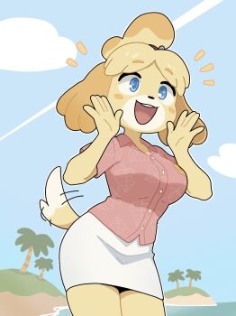 Rule 34 | :d, animal crossing, animal crossing: new horizons, animal crossing: new leaf, blonde hair, blue eyes, blue sky, blush stickers, breasts, cloud, collared shirt, cowboy shot, dog girl, dog tail, dress shirt, fruithead, hands up, highres, isabelle (animal crossing), island, legs together, medium breasts, miniskirt, nintendo, open mouth, outline, pencil skirt, pink shirt, print shirt, shirt, short sleeves, skirt, sky, smile, standing, tail, tail wagging, teeth, topknot, upper teeth only, water, white outline, white skirt