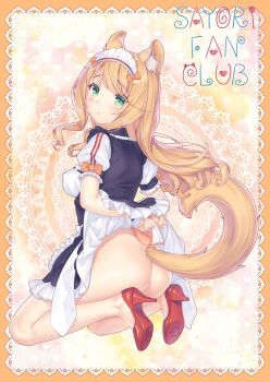 1girl animal_ear_fluff animal_ears ass blush bow cat_ears cat_girl cat_tail clothes_lift green_eyes high_heels higher_resolution_available holding holding_panties holding_underwear holding_unworn_clothes maid maid_headdress maple_(nekopara) nekopara no_socks official_art orange_background orange_bow orange_hair orange_panties panties paw_print_soles sayori_(neko_works) slit_pupils solo tagme tail underwear unworn_panties
