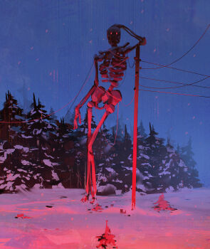 absurdres arm_support commentary english_commentary full_body giant giant_skeleton glowing glowing_eyes highres jocelin_carmes leaning no_humans original outdoors pine_tree red_eyes skeleton sky snow snow_on_tree snowing solid_eyes solo standing tree utility_pole