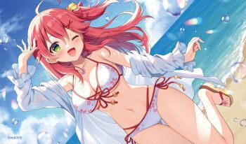 1girl ;d ahoge bare_shoulders beach bell bikini blue_sky blush bow breasts cleavage cloud commentary_request cowboy_shot day dutch_angle feet front-tie_bikini_top front-tie_top green_eyes hair_bell hair_between_eyes hair_bow hair_ornament hololive large_breasts long_hair long_sleeves looking_at_viewer mauve navel ocean off_shoulder one_eye_closed one_side_up open_clothes open_mouth open_shirt outdoors pink_hair red_bow sakura_miko second-party_source shirt side-tie_bikini_bottom sky smile solo summer swimsuit toes virtual_youtuber white_bikini white_shirt