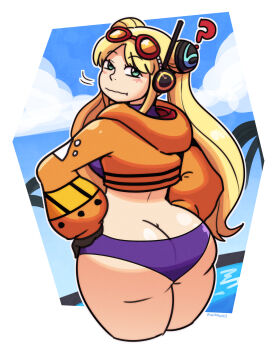 1girl absurdres ass bikini_bottom blonde_hair butt_crack curvy goggles goggles_on_head headset highres jacket kujikawaii long_hair looking_at_viewer looking_back one_piece twintails vegapunk_york