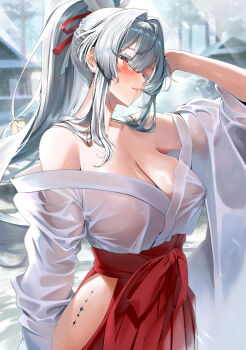 1girl alternate_costume bare_shoulders blush breasts cleavage clothing_cutout colored_eyelashes commentary_request covered_erect_nipples cowboy_shot day hair_intakes hair_ribbon hakama hakama_skirt hand_up hip_vent hiyuki_(wuthering_waves) japanese_clothes kawai_(purplrpouni) large_breasts long_hair long_sleeves looking_at_viewer mole mole_under_eye off_shoulder outdoors parted_lips partial_commentary ponytail red_eyes red_hakama red_ribbon ribbon sidelocks skirt solo tacet_mark_(wuthering_waves) very_long_hair wet wet_clothes white_hair wuthering_waves